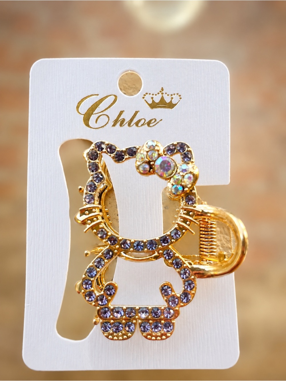Chloe Hello Kitty Gold-Tone Hair Clip with Purple and Iridescent Crystals